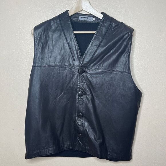 Mondo Di Marco Vest Mens Large Black Leather Front Wool Back Button Front - Picture 1 of 10